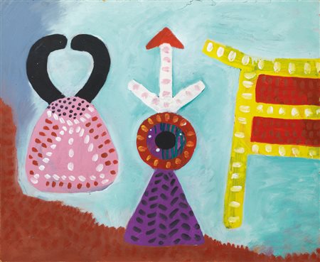 Alan Davie SIGNS FOR A MAN OF DECEMBER olio su faesite, cm 50,5x61 sul retro:...