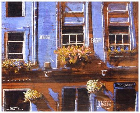 MASSIMO LOMI 1953 Maison Bleue 2011 Tempera su tavola 37 x 44. Firma in b. a...