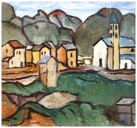 FIORENZO TOMEA 1910 - 1960 Zoppè 1930 Olio su cartone telato 34,3 x 37. Firma...