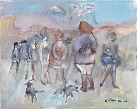 Mino Maccari Siena 1898 - Roma 1989 Il lancio Olio su tela, cm. 40x49,6 Firma...