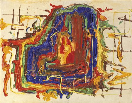 Asger Jorn Vejrum 1914 - Aarhus 1973 Rue du plaisir Olio su cartone telato,...