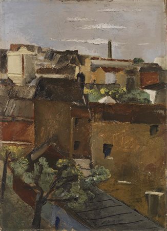 Fausto Pirandello Roma 1899 - 1975 Tetti di Parigi, 1929 Olio su cartone, cm....