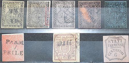 Parma 1852/59-lotto di num.8 francobolli num. 1,2,3,4,5,7,10, giornali 1A...