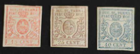 Parma 1857/59-numeri 9,10,11, linguellati, numero 10 firma A. Diena e E....
