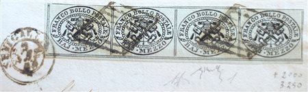 Stato Pontificio 1852- num.1 striscia di 4 su frammento di cui uno con 8...