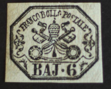 Stato Pontificio 1852- num.7 linguellato, con stampa oleosa, firma Ray Baudi...