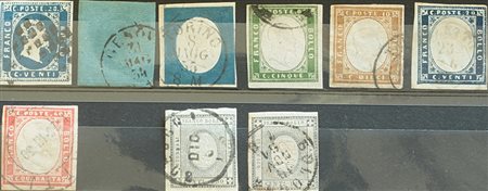 Sardegna 1851/63- lotto di 9 francobolli, numeri 2,5,8,13,14,15,16,19,20...