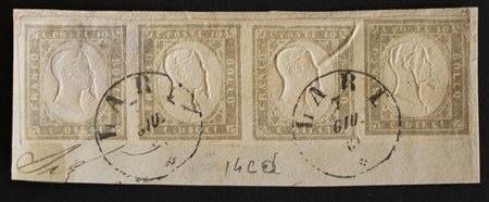 Sardegna 1855/63-num.14Cd colore grigio, striscia di 4 su frammento Prezzo di...
