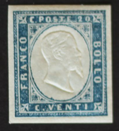 Sardegna 1855/63- num.15Dc, colore azzurro oltremare, senza linguella,...