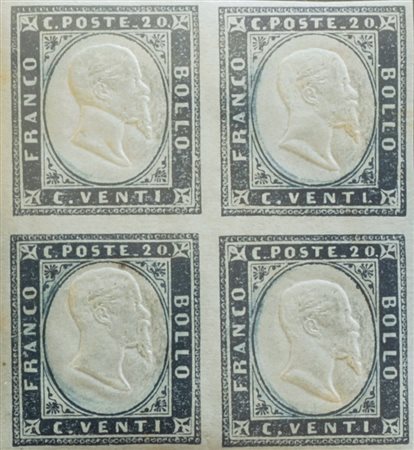 Sardegna 1855/63-num.15Eb in blocco di 4, colore indaco chiaro, senza...