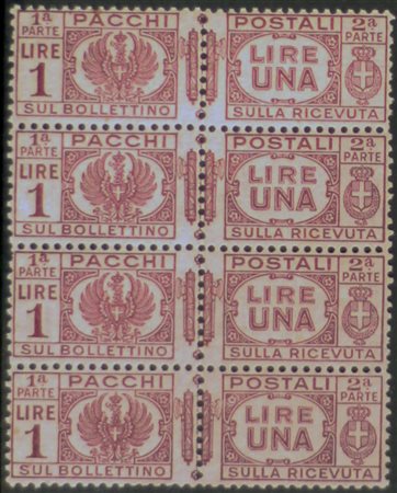 1927-32 pacchi num.30b color lilla bruno, ben centrato, striscia di 4 senza...