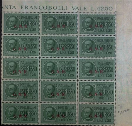 1943/44 espresso num.19/II, tiratura di Brescia, blocco di 15, angolo di...