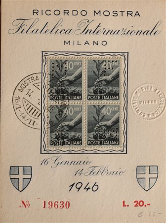1945 num.546 in quartina perforata su cartoncino ricordo, mostra Milano 1946...