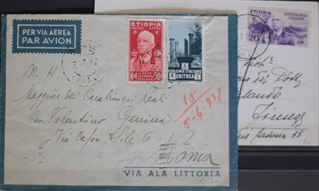 1936 Etiopia num.2 su cartolina, num.5, + Eritrea 209 su busta, num.6, +...