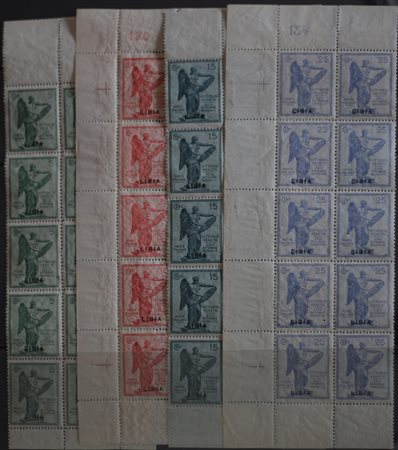 1922 Libia num.34-37 in blocchi di 10 d'angolo senza linguella con esemplare...