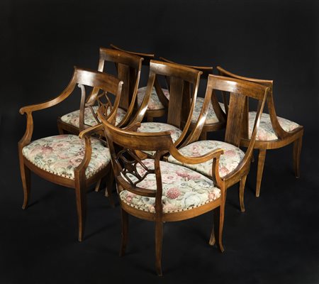 MANIFATTURA LOMBARDA DEL XIX SECOLO Lotto composto da sei sedie e due...