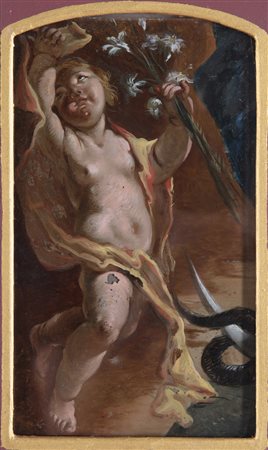 ARTISTA DEL XVII SECOLO Putto con fiori. Olio su vetro. Cm 14,00 x 23,00. ....