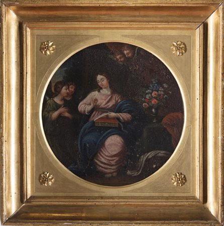 ARTISTA DEL XVII SECOLO Figura e angeli. Olio su tela circolare. Cm 30,50. In...