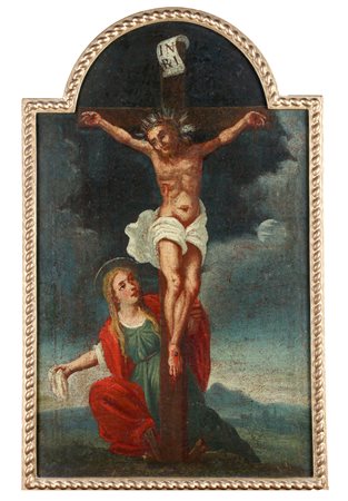 PITTORE DEL XVII SECOLO Crocefissione. . Olio su tela applicata su tavola. Cm...