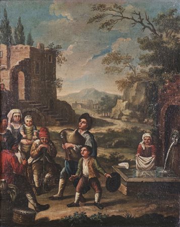 PITTORE BAMBOCCIANTE Personaggi presso una fontana. Olio su tela . Cm 37,00 x...