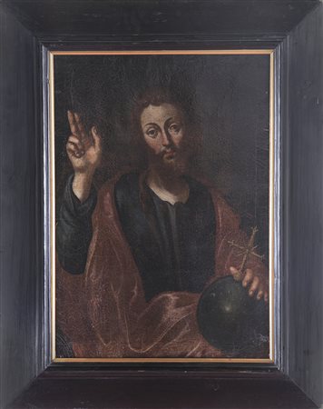 ARTISTA DEL XVII SECOLO Cristo pantocrator in cornice antica. Olio su tela ....