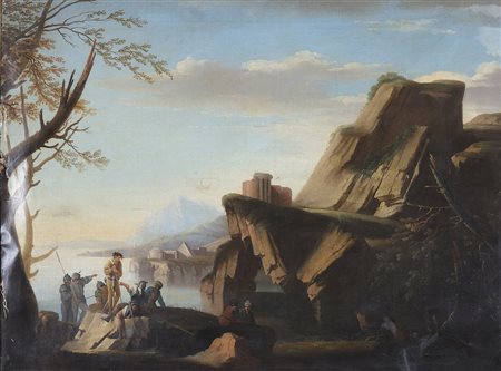 ARTISTA DEL XVIII SECOLO Marina con personaggi. Olio su tela . Cm 86,00 x...