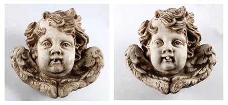 MANIFATTURA ITALIANA Coppia di cherubini. Marmo. Cm 29,00 x 30,00.