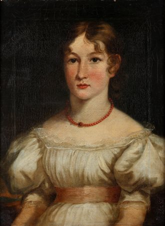 ARTISTA INGLESE DEL XIX SECOLO Ritratto di donna con collana di corallo. Olio...