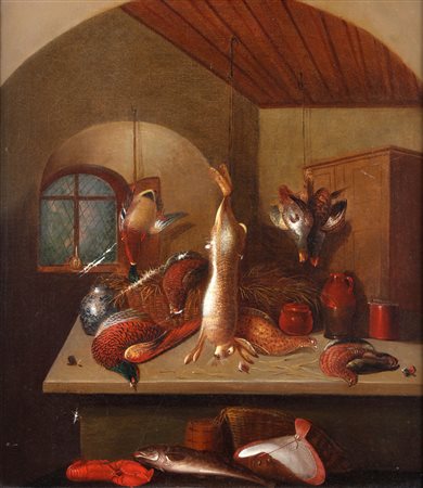 ARTISTA TEDESCO DEL XIX SECOLO Natura morta con selvaggina. Olio su tela . Cm...