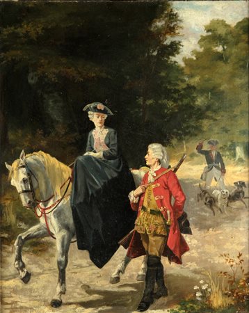 ARTISTA DEL XIX SECOLO Scena di caccia con personaggi. Olio su tela . Cm...