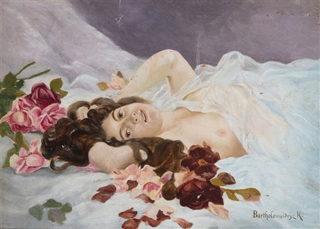 ARTISTA DEL XIX SECOLO Donna distesa con fiori. . Olio su cartone pressato....