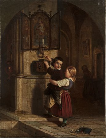 ARTISTA ITALIANO DEL XIX SECOLO L'offerta. Olio su tela . Cm 40,00 x 51,00. ....