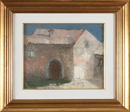 BERGOMI GIACOMO (1923 - 2003) Paesaggio con case. Olio su tela . Cm 30,00 x...