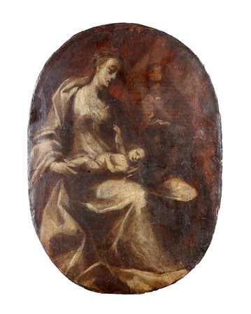ARTISTA VENETO DEL XVII SECOLO Madonna con bambino. Olio su carta su tavola....