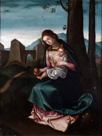 ARTISTA DEL XVII SECOLO Madonna con bambino. . Olio su metallo,. Cm 41,50 x...