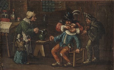 ARTISTA FIAMMINGO DEL XVII SECOLO Interno con personaggi. Olio su tela . Cm...