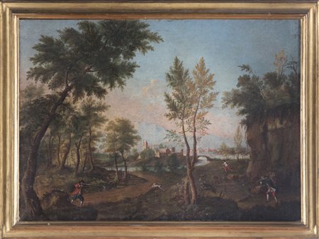 ARTISTA NAPOLETANO DEL XVIII SECOLO Paesaggio con cacciatori. Olio su tela ....