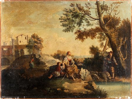 ZUCCARELLI FRANCESCO (1702 - 1788) Seguace di. Paesaggio con coppia di...