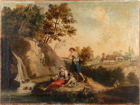 ZUCCARELLI FRANCESCO (1702 - 1788) Seguace di. Paesaggio con pescatore. Olio...