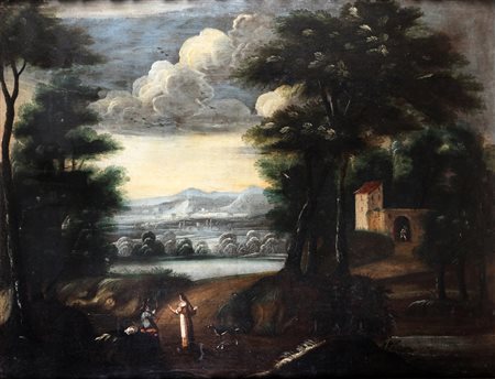 ARTISTA VENETO DEL XVII SECOLO Figure in un paesaggio. Olio su tela . Cm...