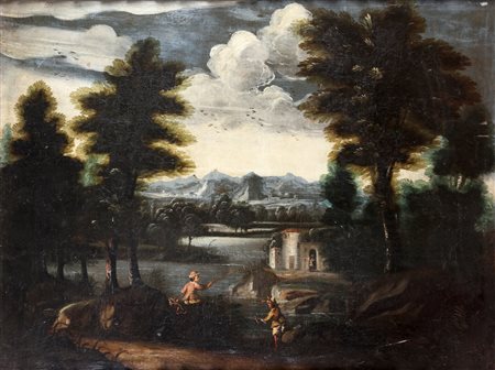 ARTISTA VENETO DEL XVII SECOLO Figure in un paesaggio. Olio su tela . Cm...