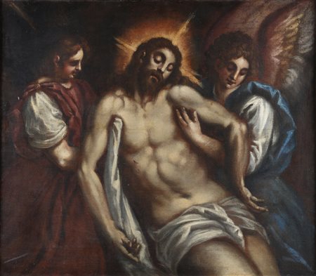 ARTISTA VENETO DEL XVII SECOLO Cristo morto sorretto da due angeli. Olio su...