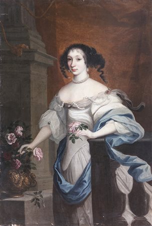 SCUOLA PIEMONTESE DEL XVIII SECOLO Ritratto di dama con fiori. Olio su tela ....