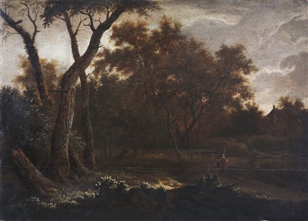 ARTISTA NORDEUROPEO DEL XVII SECOLO Paesaggio con viandante. Olio su tavola....