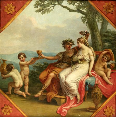 ARTISTA NEOCLASSICO Bacco e Arianna. Olio su tela . Cm 79,00 x 79,00.
