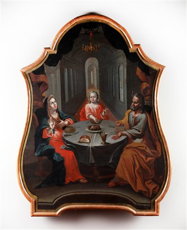 ARTISTA DEL XVII SECOLO Sacra Famiglia a tavola. Olio su tela . Cm 93,00 x...