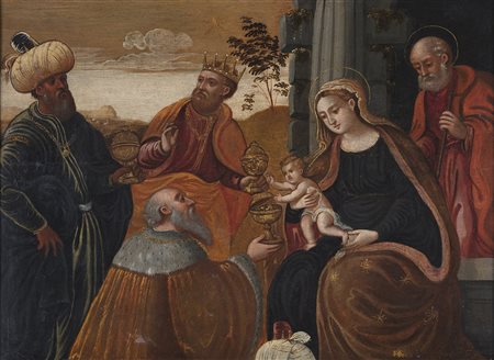 SCUOLA VENETO CRETESE DEL XVII SECOLO Adorazione dei magi. Olio su tavola. Cm...