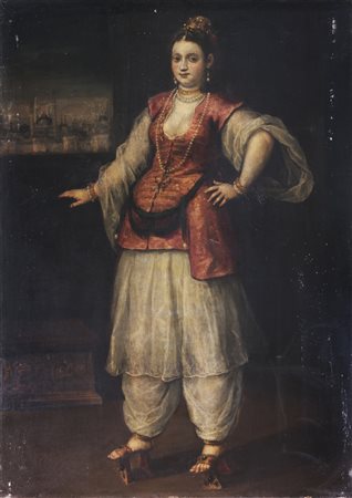 ARTISTA VENETO DEL XVII SECOLO Ritratto di cortigiana. Olio su tela . Cm...