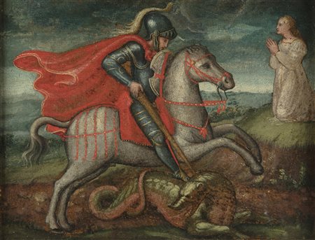 ARTISTA TOSCANO DEL XV SECOLO San Giorgio e il drago. Tempera su tavola. Cm...
