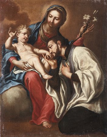 ARTISTA LOMBARDO DEL XVII SECOLO Madonna con bambino e santo. Olio su tela ....